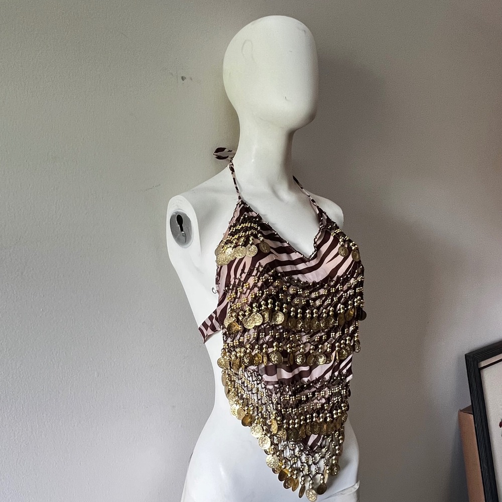 Y2K Zebra Coin Beaded Halter Top Belly Dance Boho Festival Handkerchief - Picture 2 of 4